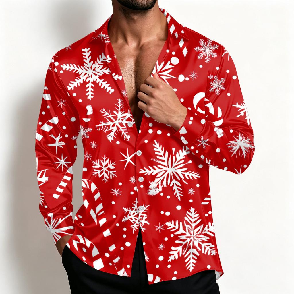 Men's Casual Christmas Shirt Jacket with Turn-Down Collar, Loose Fit, Breathable for Spring and Fall