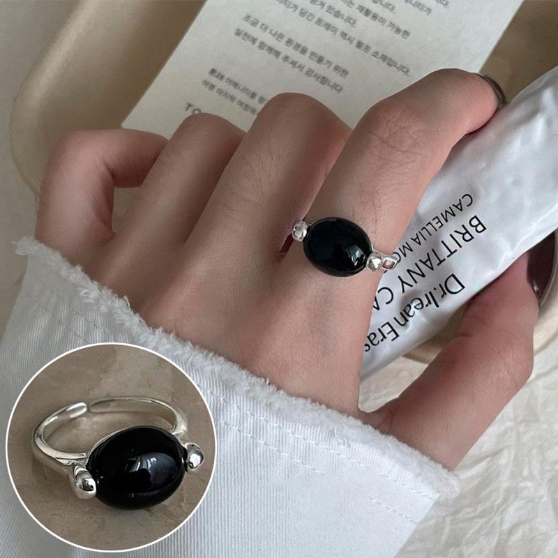 Women's Retro Black Oval Geometric Open Ring - Versatile Fashion Index Finger Jewelry