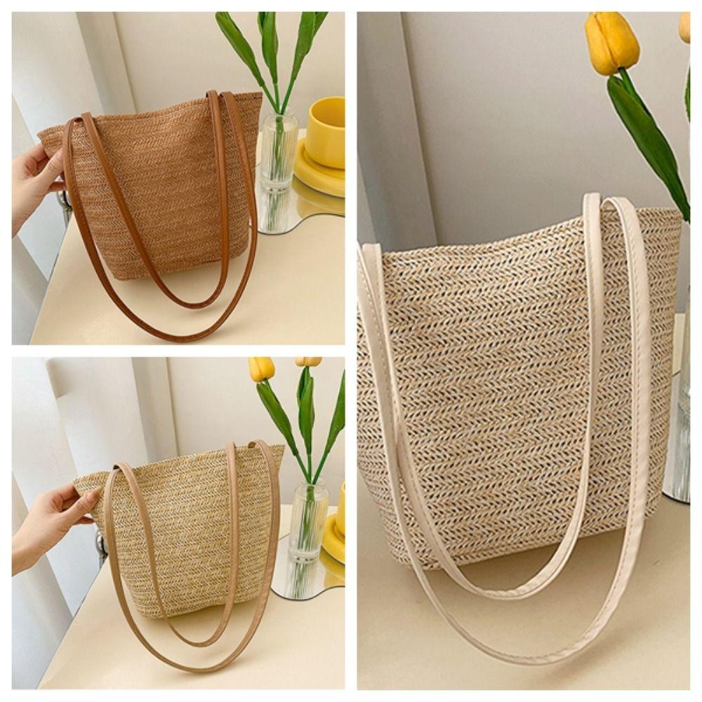 Large Capacity Straw Bucket Bag Solid Color Shoulder Bag Fashion Summer Beach Tote  Girls