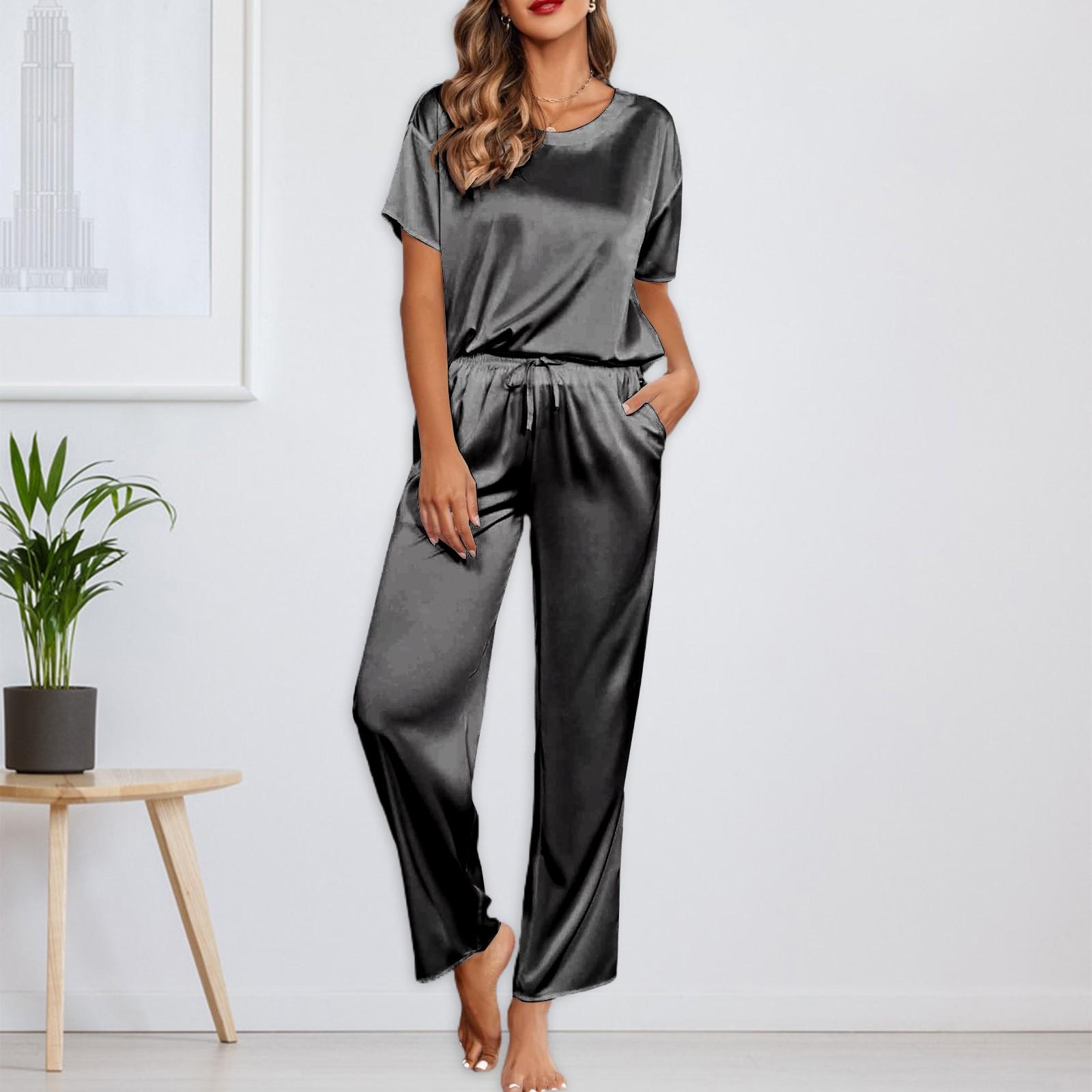 

Женский шелковый однотонный пижамный комплект, рубашка с коротким рукавом и длинные пижамные штаны, мягкая пижама, домашняя одежда L