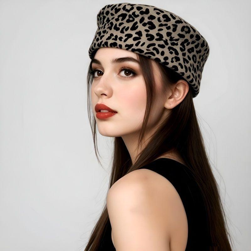 Women's Hat Fall and Winternew Arrivalwoolen Leopard Print Hat Women's Stewardess Beret Retro Hat
