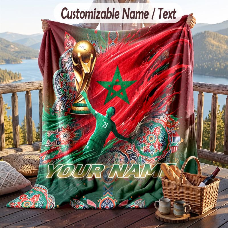 Flannel Blanket Morocco Football Print Custom Name Text Soft Throw for Sofa Bed
