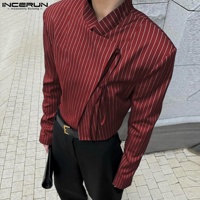 INCERUN Men Stand Neck Long Sleeve Striped Side Bandage Cropped Short Shirts
