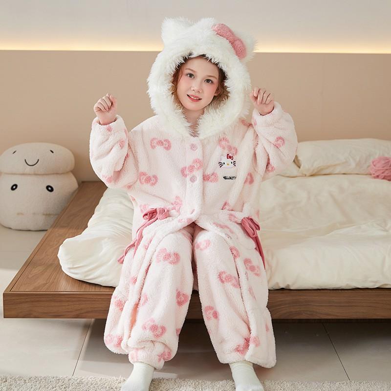 Girls Winter Coral Fleece Pajama Set Long Sleeve Hooded Sleepwear Kids 8 Years Soft Warm Home Outfit