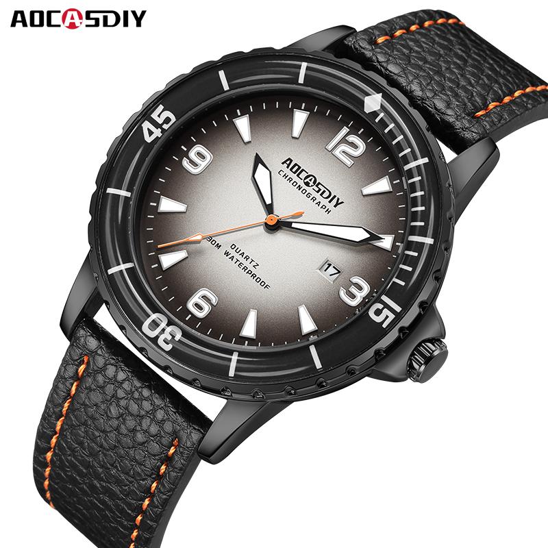 AOCASDIY Top Brand All Five Oceans Series Joint Fashion Leisure Leather Strap Super Luminous Men's Waterproof Watch
