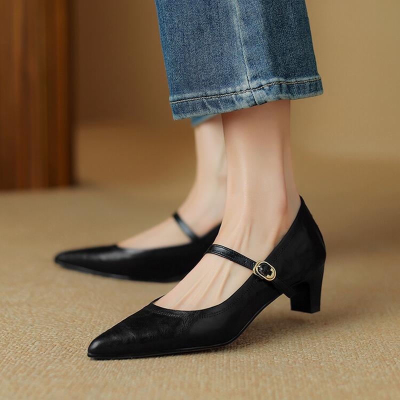 Fashion NEW Spring/Autumn Women Pumps Genuine Leather Shoes for Women Pointed Toe Thin Heel Shoes Cocise Black High Heels Mary Janes