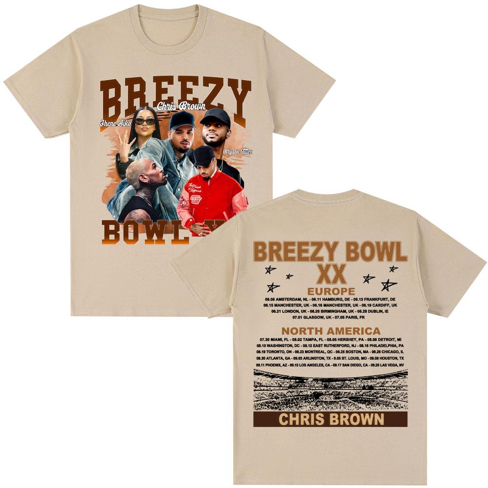 Rapper Chris Brown Album Tshirt Breezy Bowl XX Tour 2025 Hip Hop Vintage T Shirt Men Women Oversized Cotton Tshirts Streetwear