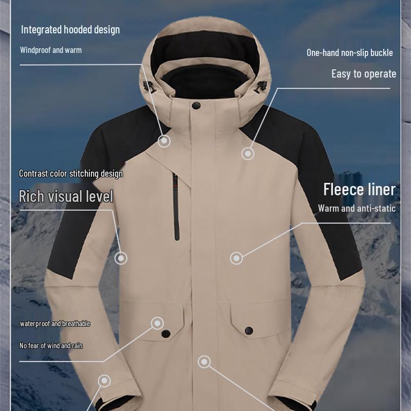 3-in-1 Detachable Liner Hooded Mountaineering Suit: Windproof & Waterproof Workwear for Autumn/Winter