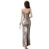 Dámské sexy stříbrné šaty s ramínky na ramena a dlouhým rukávem