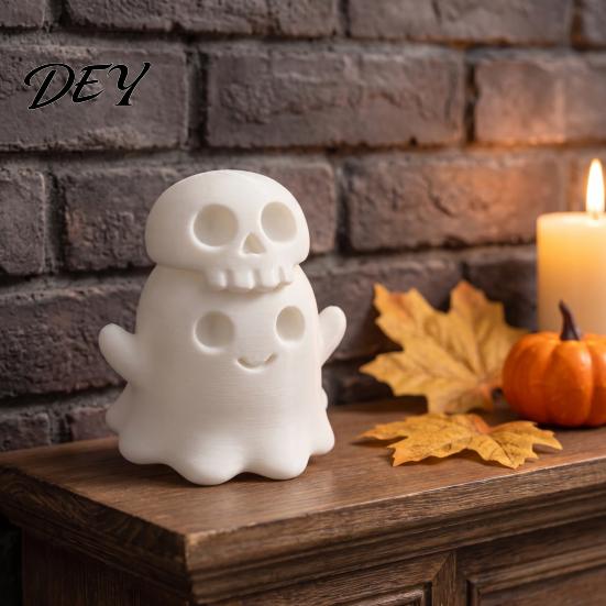 Small Halloween Collectibles 3D Printed Cute Ghost Skull Figurine, Stacked on Figurine Statue, Spooky Desktop Ornament, Fun Holiday Party Favors Funky