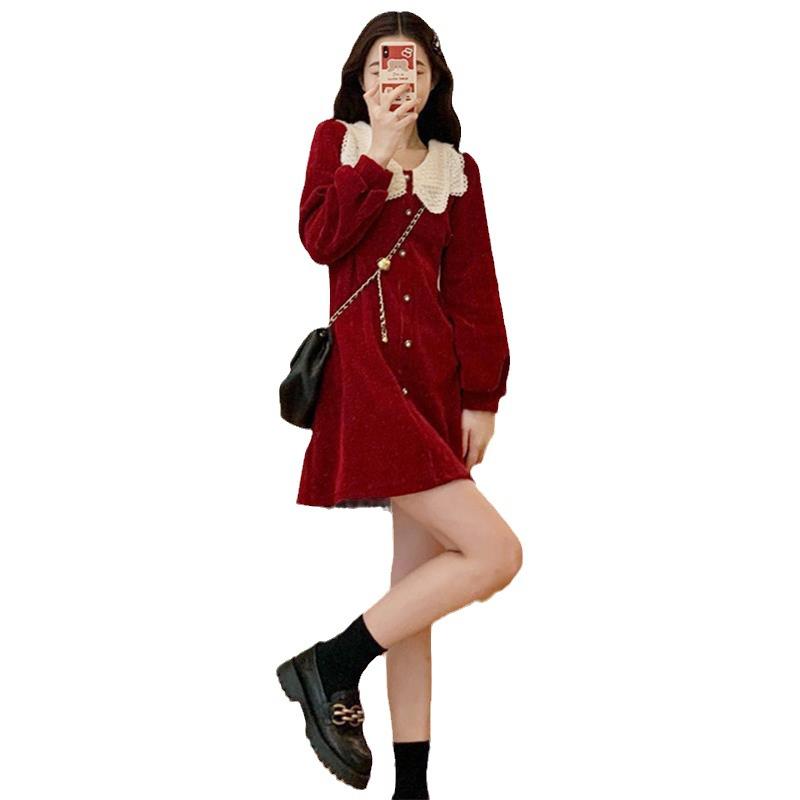 Women Dress  Autumn French Elegant Temperament Lapel Lace Check Chic  Waist Puff Sleeve Dress