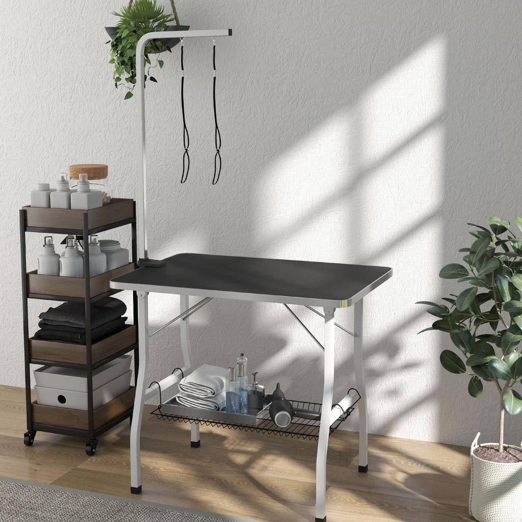 Dog Grooming Table, Grooming Table with Adjustable Arm, Storage Compartment, Rubber Surface, 90 x 60 x 76 cm, Black