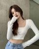 Women's Square Neck Long Sleeve Crop Top Slim Fit Elegant Commuter T-Shirt Solid Back Tie Cutout Milk Silk Y2K Hot Girl Layering Blouse