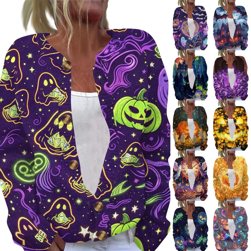 Womens Halloween Print Long Sleeve Knit Cardigan Button Up Sweater Coat Lightweight Casual Outerwear for Fall and Winter