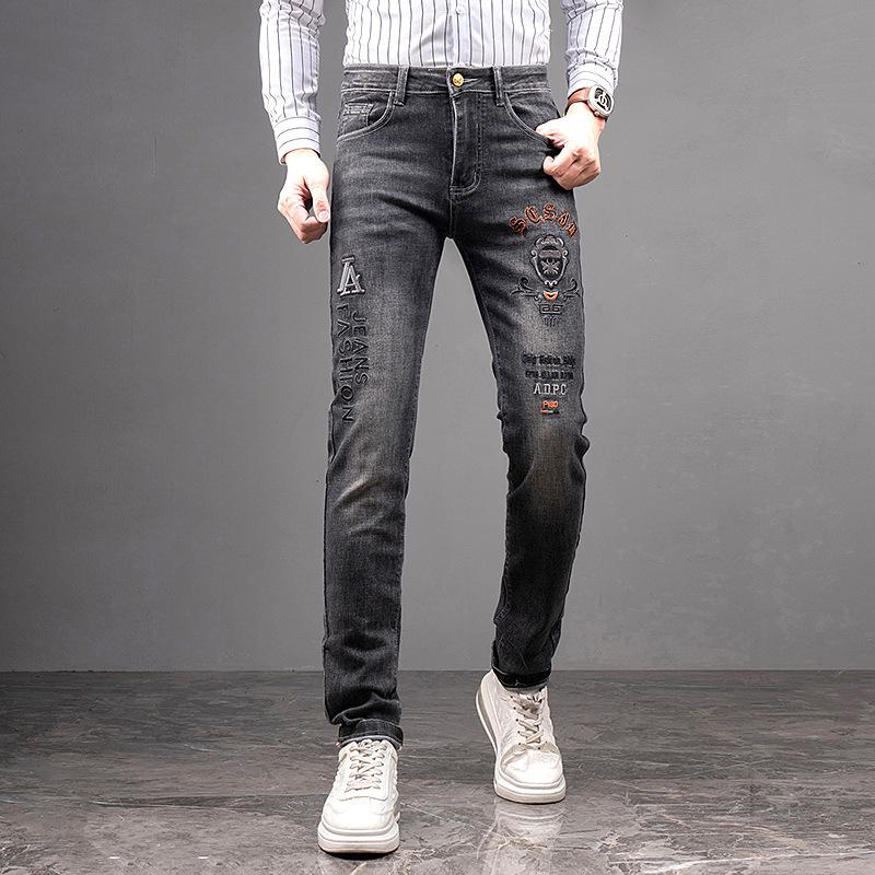 European And American Embroidered Trendy Brand Jeans Men'S Straight Tube Slim Fit Elastic Fashion High Quality Casual Cowboy Pants