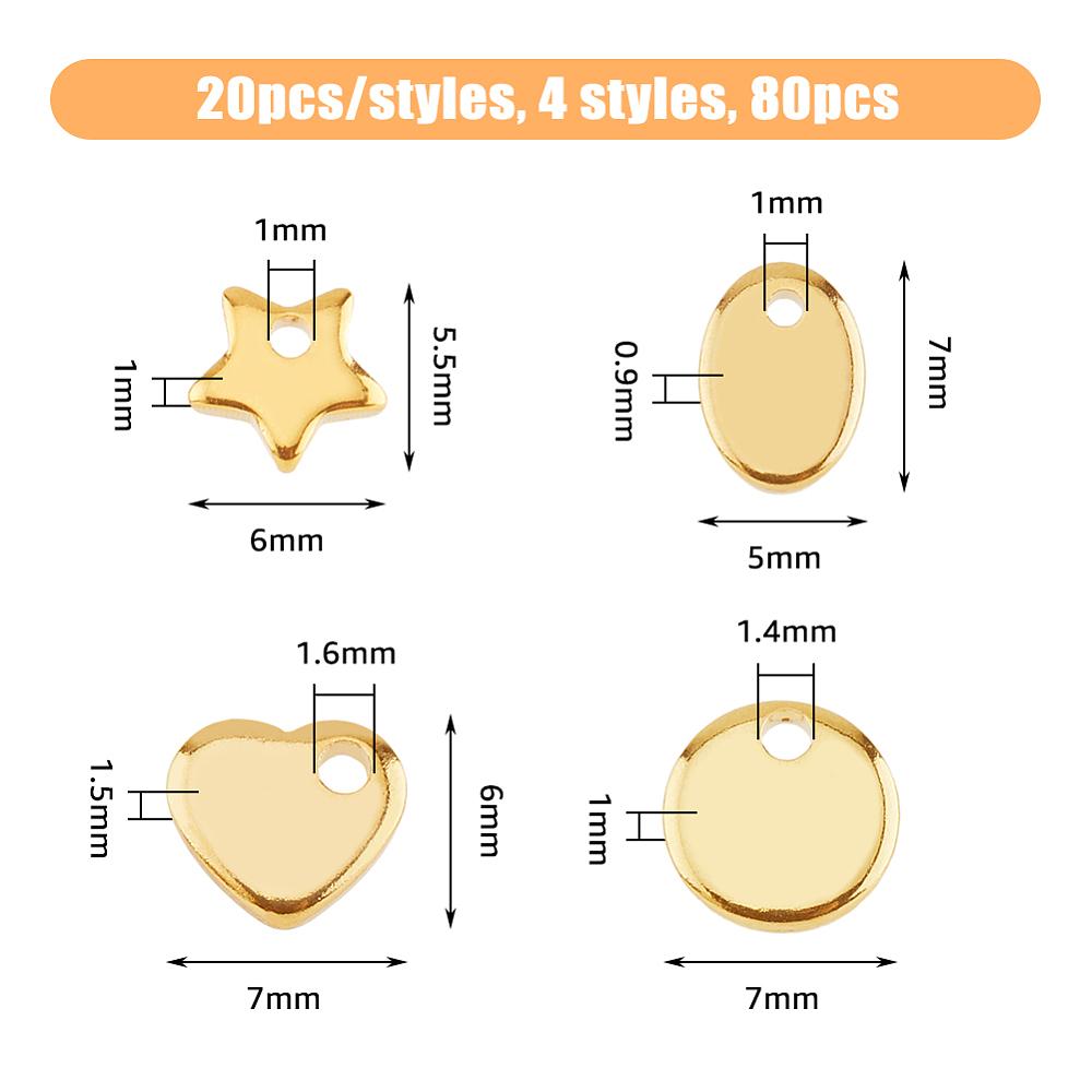 80Pcs 4 Styles Stainless Steel Charms Stamping Blank Tag Heart Golden 5.5~7x6~7x0.9~1.5mm Hole: 1~1.6mm 20pcs/style