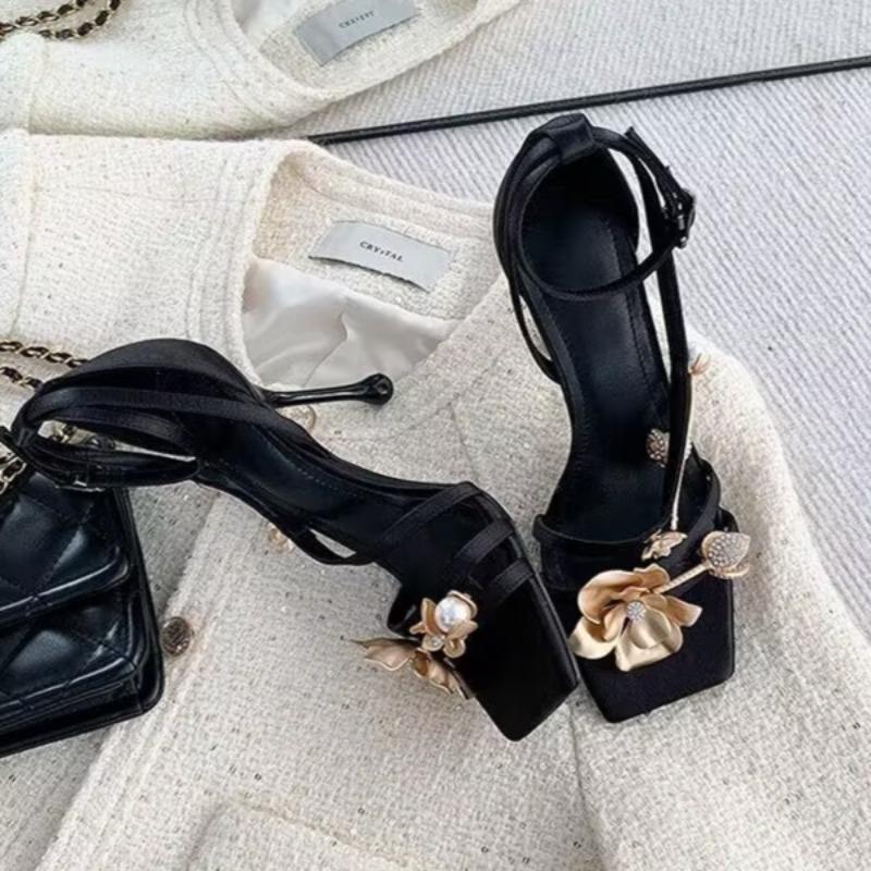 Fashion Women's Fashion Bag Heel Sandals Summer New Square Head Open Toe Metal Flower Anti-slip Wear-resistant Stiletto Heels