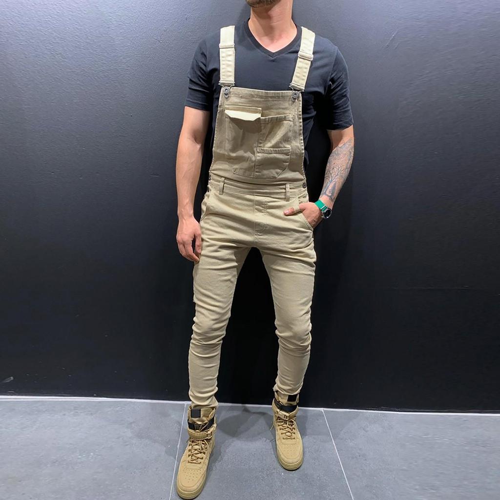 Erkek Moda Denim Askıları Yıkanmış Genel Tulum Sokak Şıklığı Cep Jartiyer Pantolon