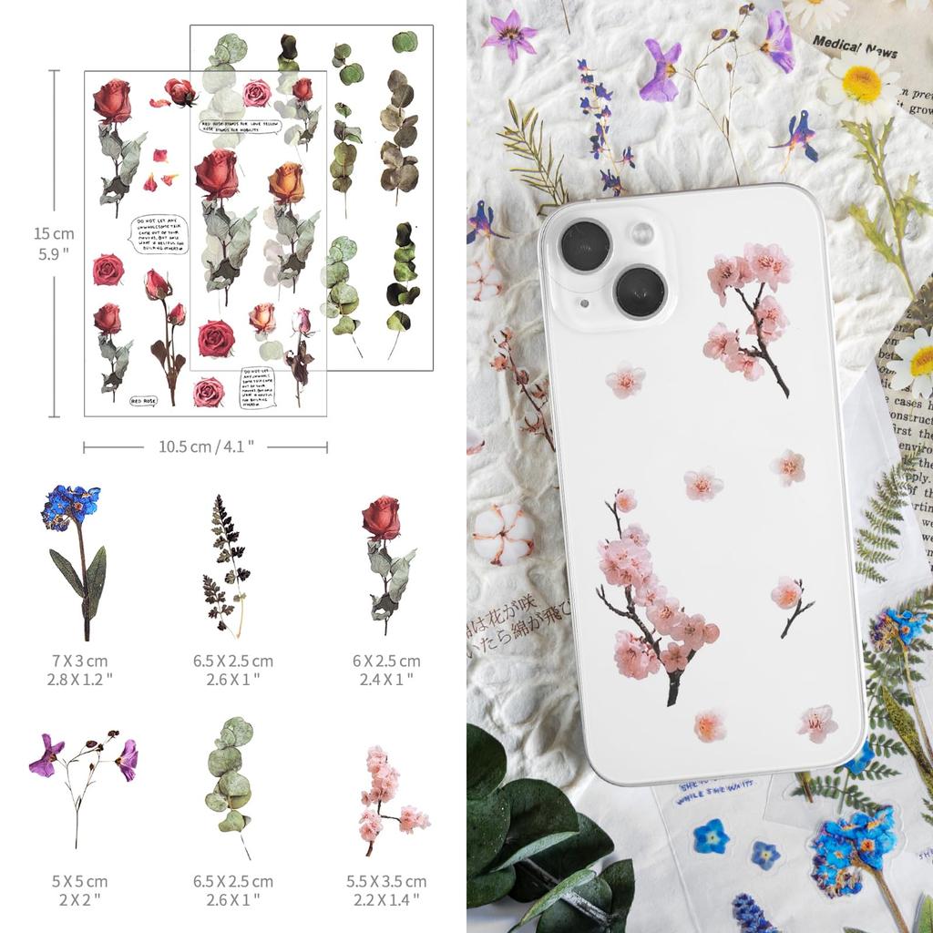 12 Folhas de Scrapbook de Flores Decorativas Planta em Destaque PET Transparente para Fotos e Artesanato DIY Adesivos, Adesivos, Adesivos, Adesivos, Material,