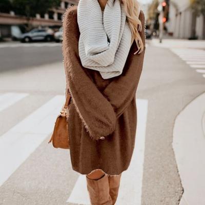 Damen Pelziger Pullover Strickkleid Fuzzy Slouchy Oversized Lange Oberteile Locker Rundhalsausschnitt Herbst Kurzes Mini Kleid