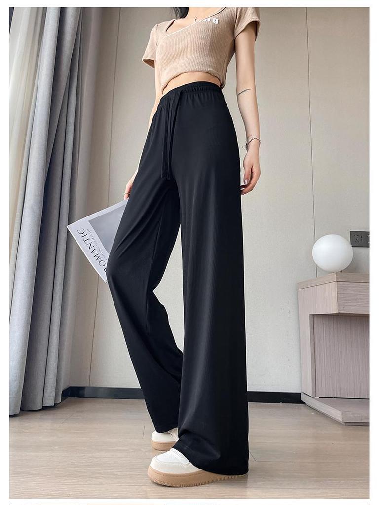 2025 Women's Summer Ice Silk Wide-Leg Floor-Length Pants - Thin, Loose, Slimming, Casual Straight Leg Fit