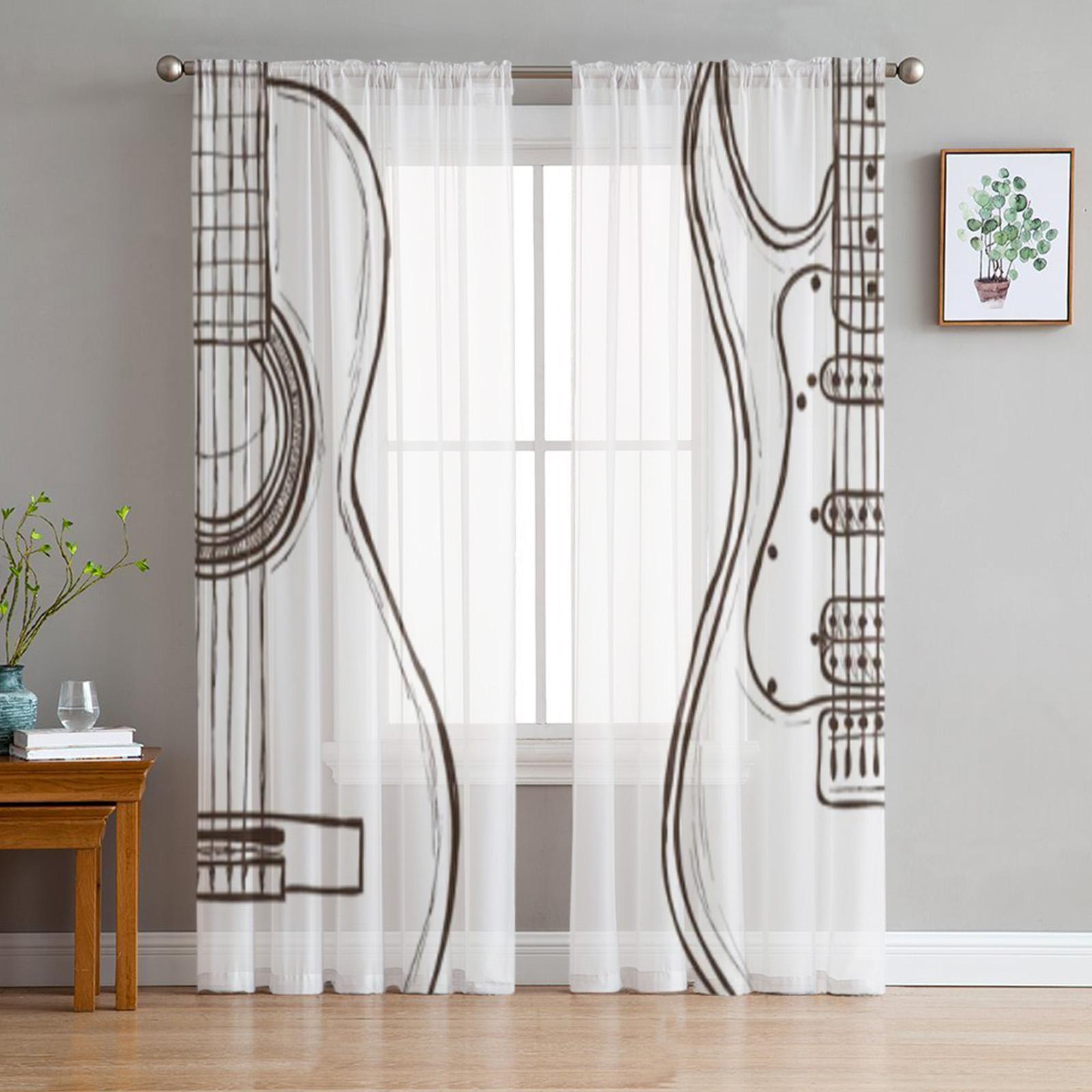 

Музичні ноти. Чорно-біла прозора штора для вітальні, спальні, вуалеві штори для вікон, штори з органзи, вечірні тюлеві штори 135W x 114H(cm)