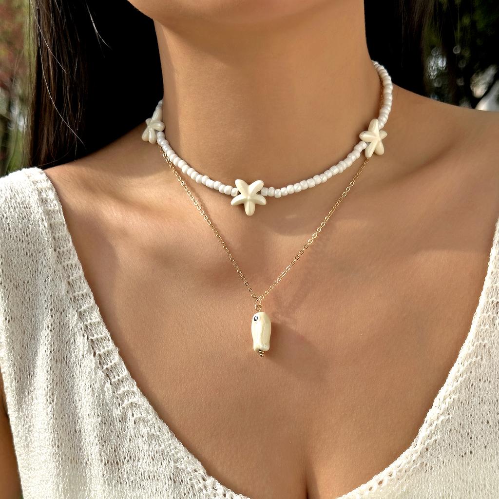 Bohemian Ceramic Small Fish Starfish Chain Necklace for Women Handmade Beaded Double Layer Necklace Friendship Jewelry GIfts