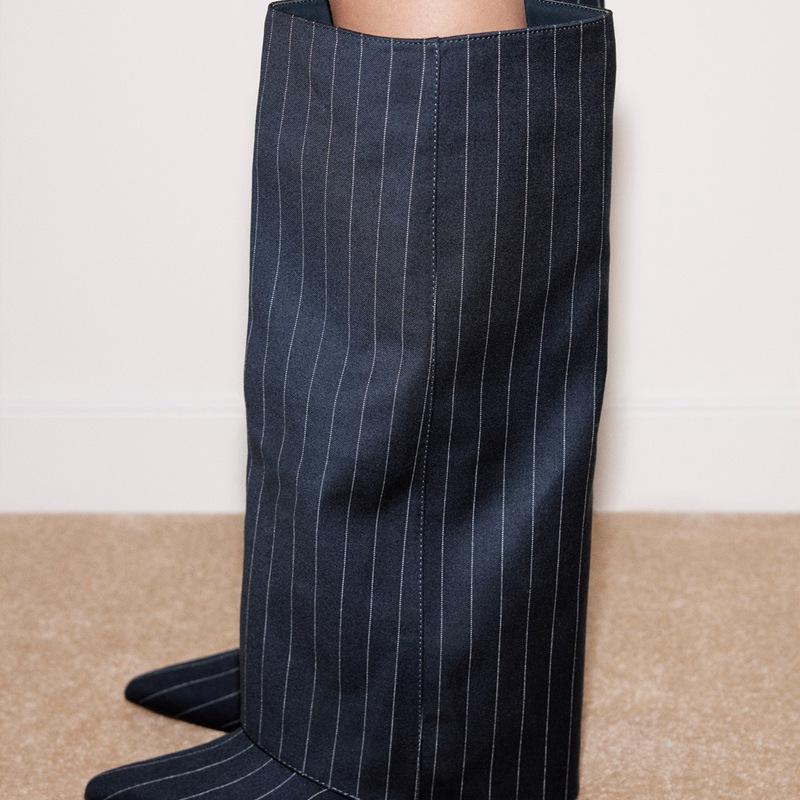 

Ретро брюки сапоги женские 2024 новые модные синие полосатые большие трубчатые высокие каблуки заостренный тонкий каблук высокие модные трубчатые сапоги 38 темно-синий