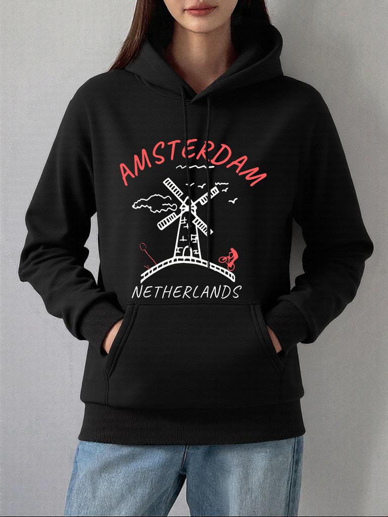 Amsterdam Netherlands Windmill Prints Hoodies Women Winter Fleece Warm Pullovers Loose Pocket Sweatshirts Casual Soft Clothes