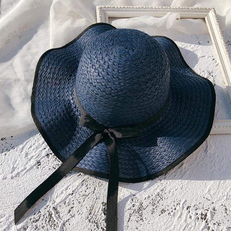 Black hemmed straw hat women's beach hat large brim summer sun hat travel sun hat