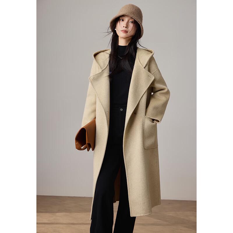 VICTORIA&VERA Women's Hooded Double-Faced Wool Long Coat