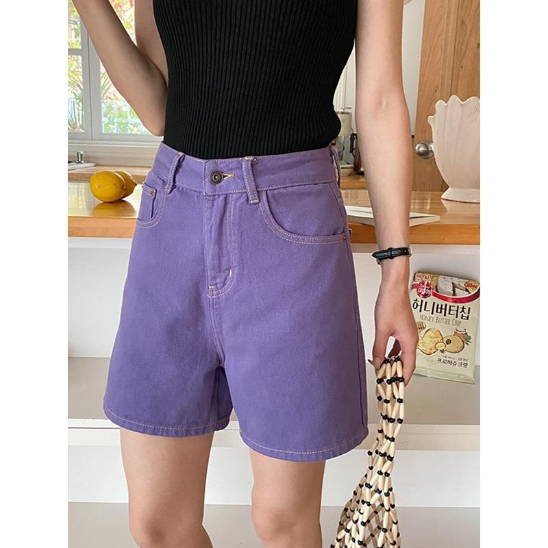 Visible topstitching design Korean-style women s denim shorts, high-waisted straight slim-fit denim shorts S фиолетовый