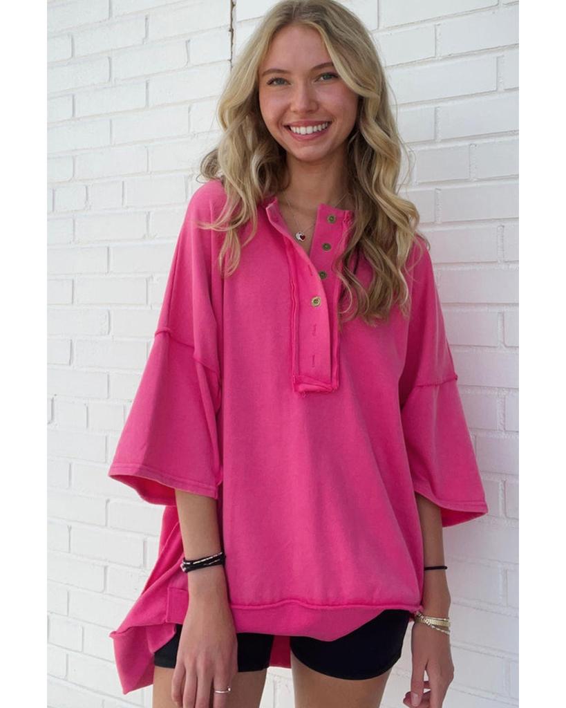 Azura Exchange Rose Red Exposed Seam Button Neck Wide Sleeve Tunic Top