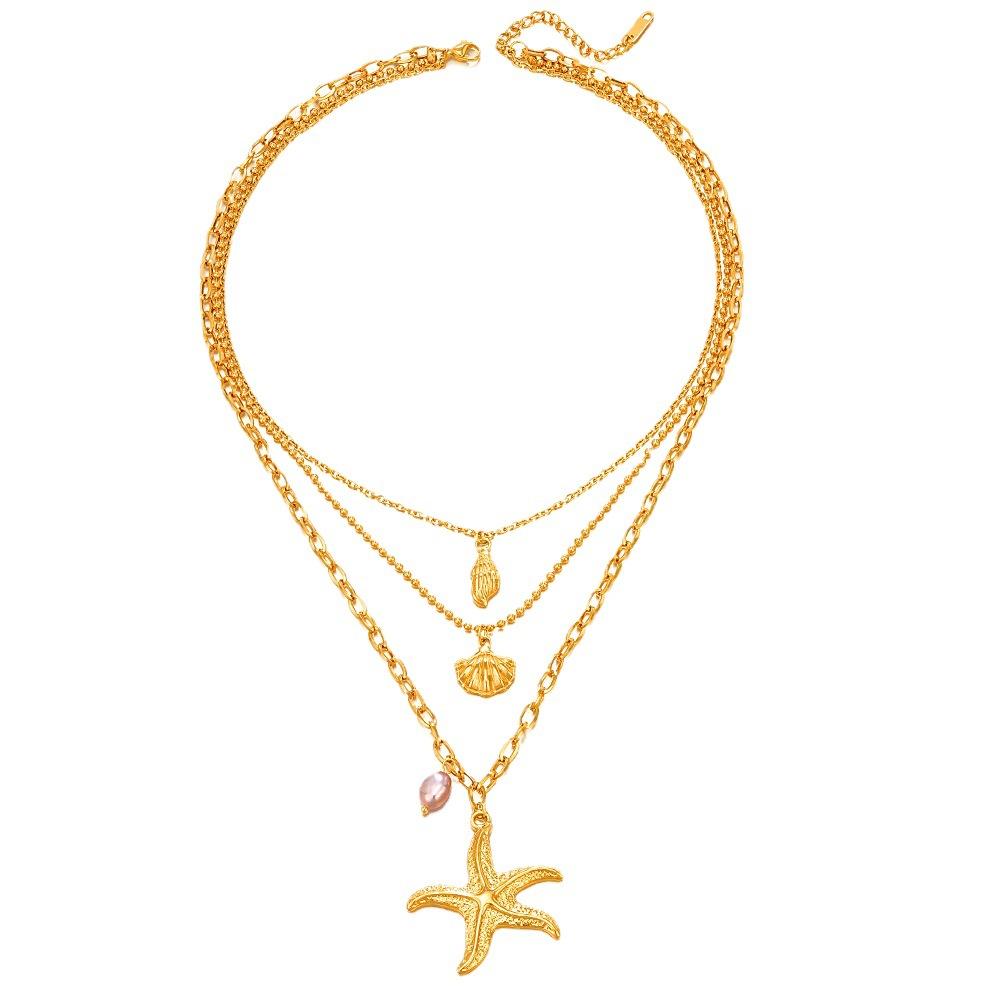 Three Layer Pearl Starfish Pendant Necklace Vintage Shell Spiral Necklace Women Jewelry