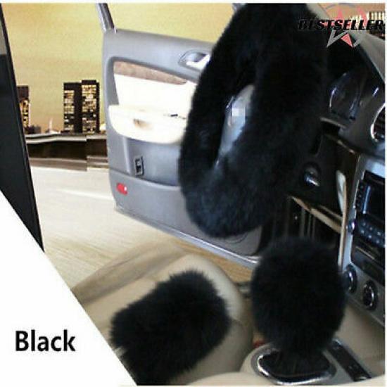 1Set Black Long Furry Steering Wheel Cover Shifter Cover and Parking Brake Cover