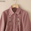 ZANZEA Women Casual Turn Down Collar Loose Embroidery Print Long Sleeve Blouse