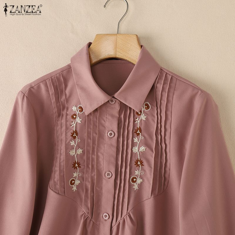ZANZEA Women Casual Turn Down Collar Loose Embroidery Print Long Sleeve Blouse