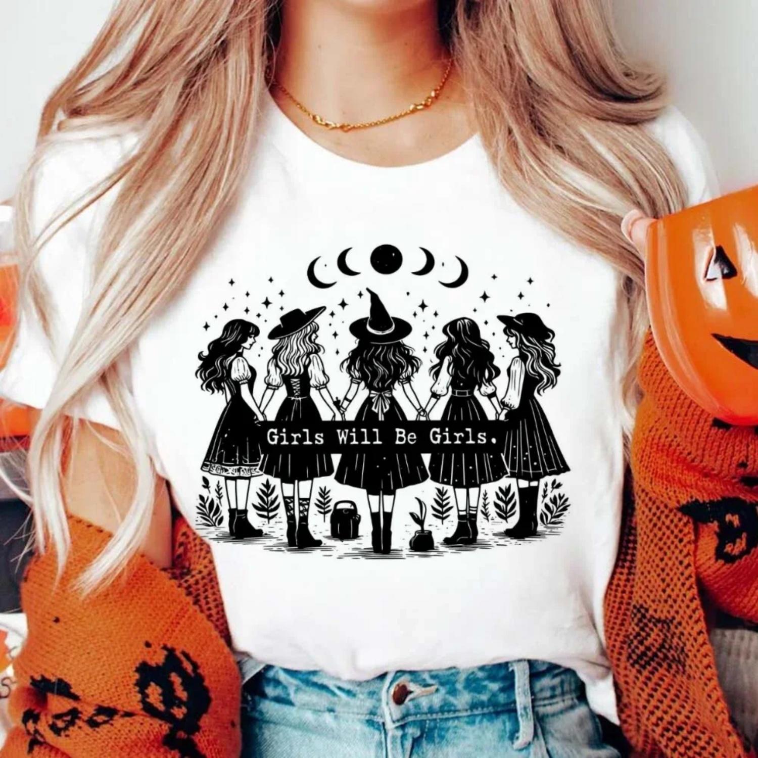 

Retro Girls Will Be Girls Witch Gothic Moon Phase Women s Printed Watercolor T-Shirt Fun Versatile Short Sleeve Women s T-Shirt XXXXXL білий