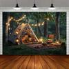 1pc Polyester Fiber Camping Tent Forest Picnic Background, with Filament Lamps and Wooden Floor - Party Decoration