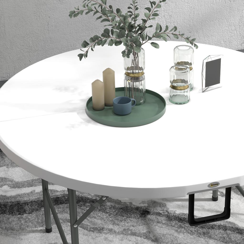 Folding Garden Table, diameter 122 cm Round HDPE Outdoor Picnic Table for 6, Metal Frame for Patio, Park, White