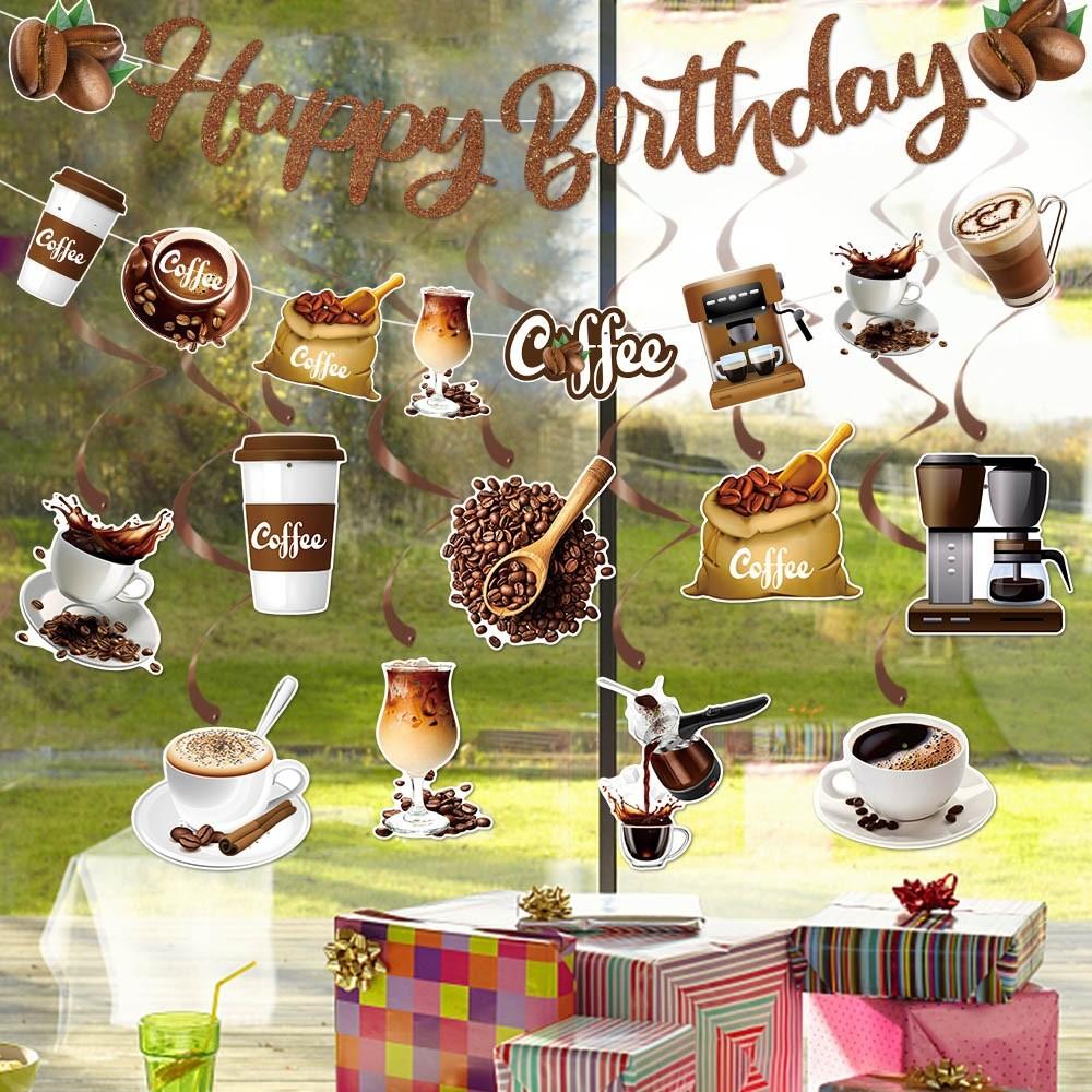 Coffee Theme Party Decor Pack With Birthday Banner And Spiral Streamers For Event Setup