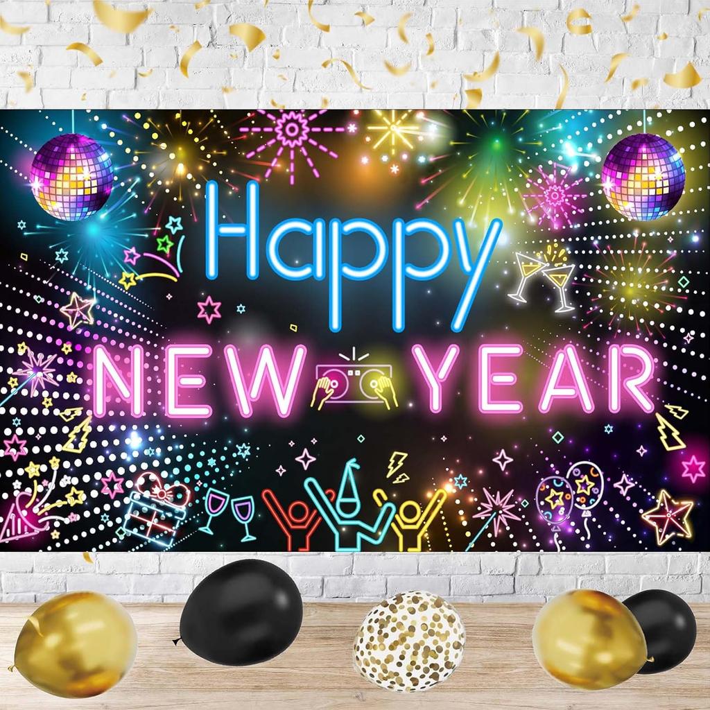 Neon Happy New Year 2026 Banner - Large Colorful Disco Theme Party Backdrop with Hanging Rope - New Years Eve Party Supplies 2026 - Holiday Photo
