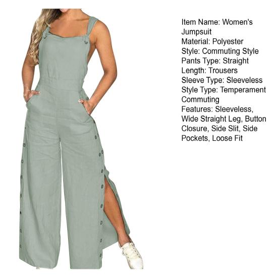 Women's Sleeveless Wide Leg Jumpsuit with Side Pockets And Button Closure Solid