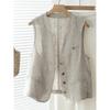 Womens Linen Blend Vest Casual Stand Collar Button Front Sleeveless Top