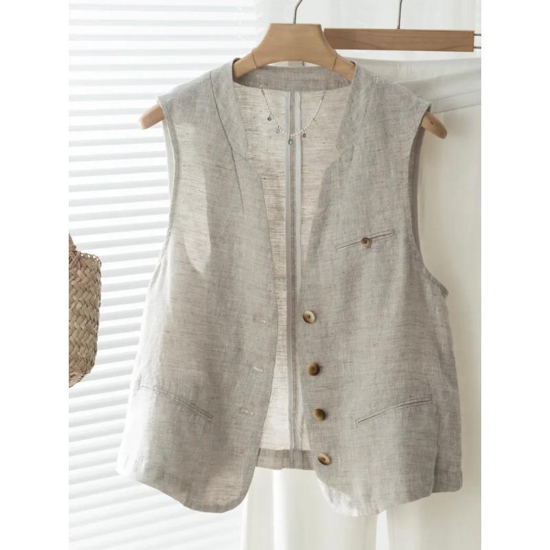 Womens Linen Blend Vest Casual Stand Collar Button Front Sleeveless Top S бежевый