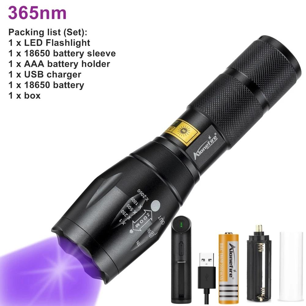 Zoom UV LED Flashlight 365nm 395nm Invisible Ink Marker Cat Dog Urine Tinea Ore Money Scorpion Fluorescence Light Use AAA 18650