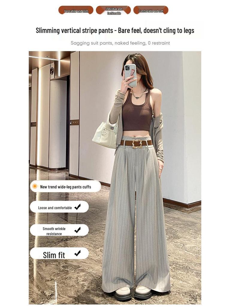 Women's High-Waisted Striped Wide-Leg Pants with Belt - Casual, Loose, Floor-Length Style