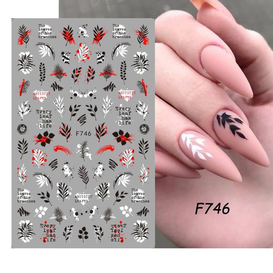 1 ark 3D självhäftande nagelklistermärken Dekaler Bokstav Blomma Löv Fjäril Våglinje Nail Art Decoraton