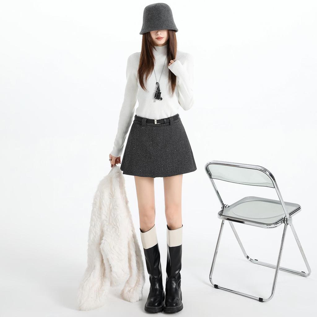 Women's High-Waist Sequin Wool-Blend A-Line Skort: Autumn/Winter 2025 Slimming Side-Slit Hip-Hugging Fashion
