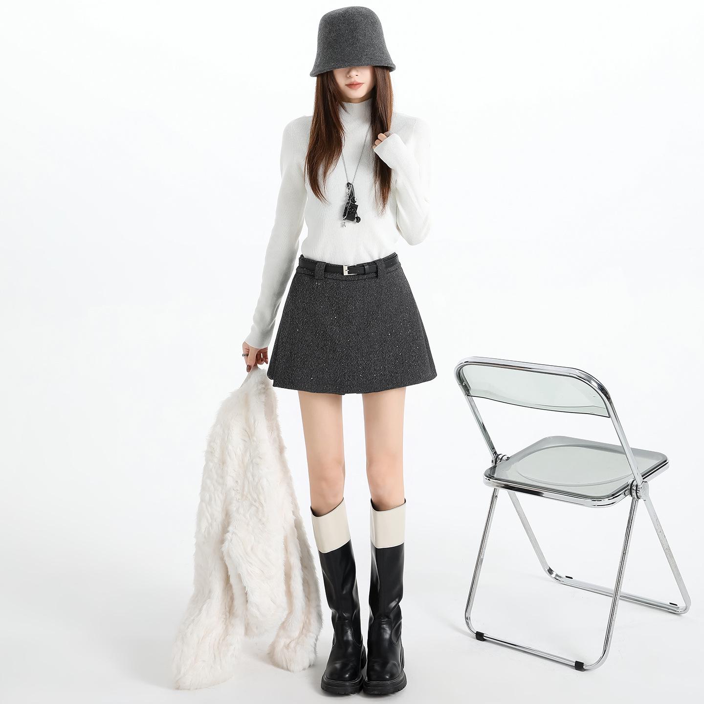 Women s High-Waist Sequin Wool-Blend A-Line Skort: Autumn/Winter 2025 Slimming Side-Slit Hip-Hugging Fashion Extra Large серый